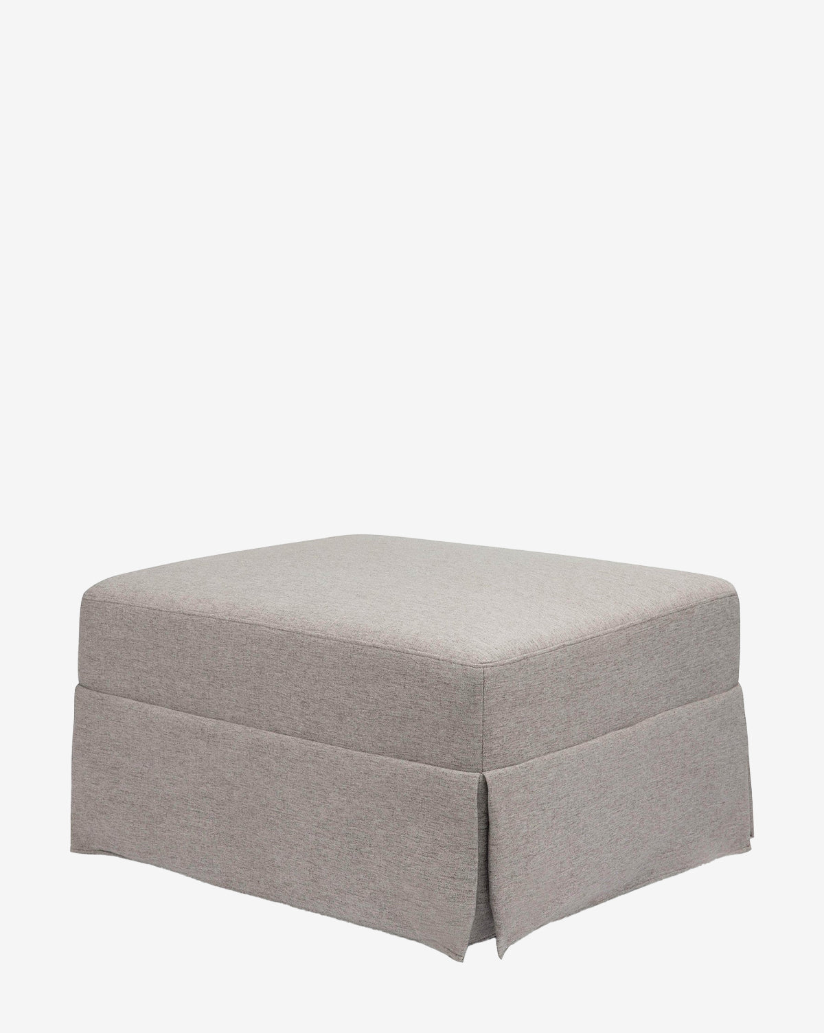 The Million Dollar Baby Crawford Gliding Ottoman features a rectangular shape, light gray eco-performance upholstery, and a tailored pleated skirt at the base, shown against a plain white background. Vendixs