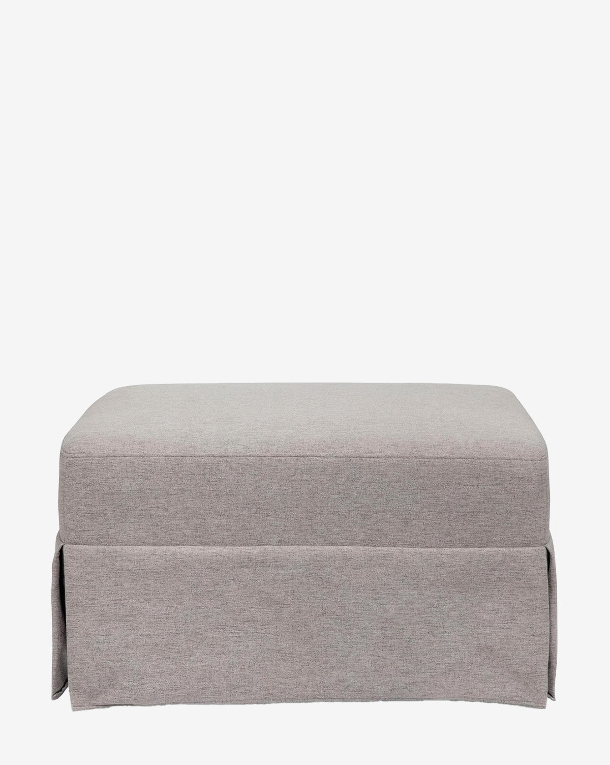 The Crawford Gliding Ottoman by Million Dollar Baby features a rectangular shape, light gray eco-performance upholstery, and a tailored skirt over the legs, shown on a plain white background. Vendixs