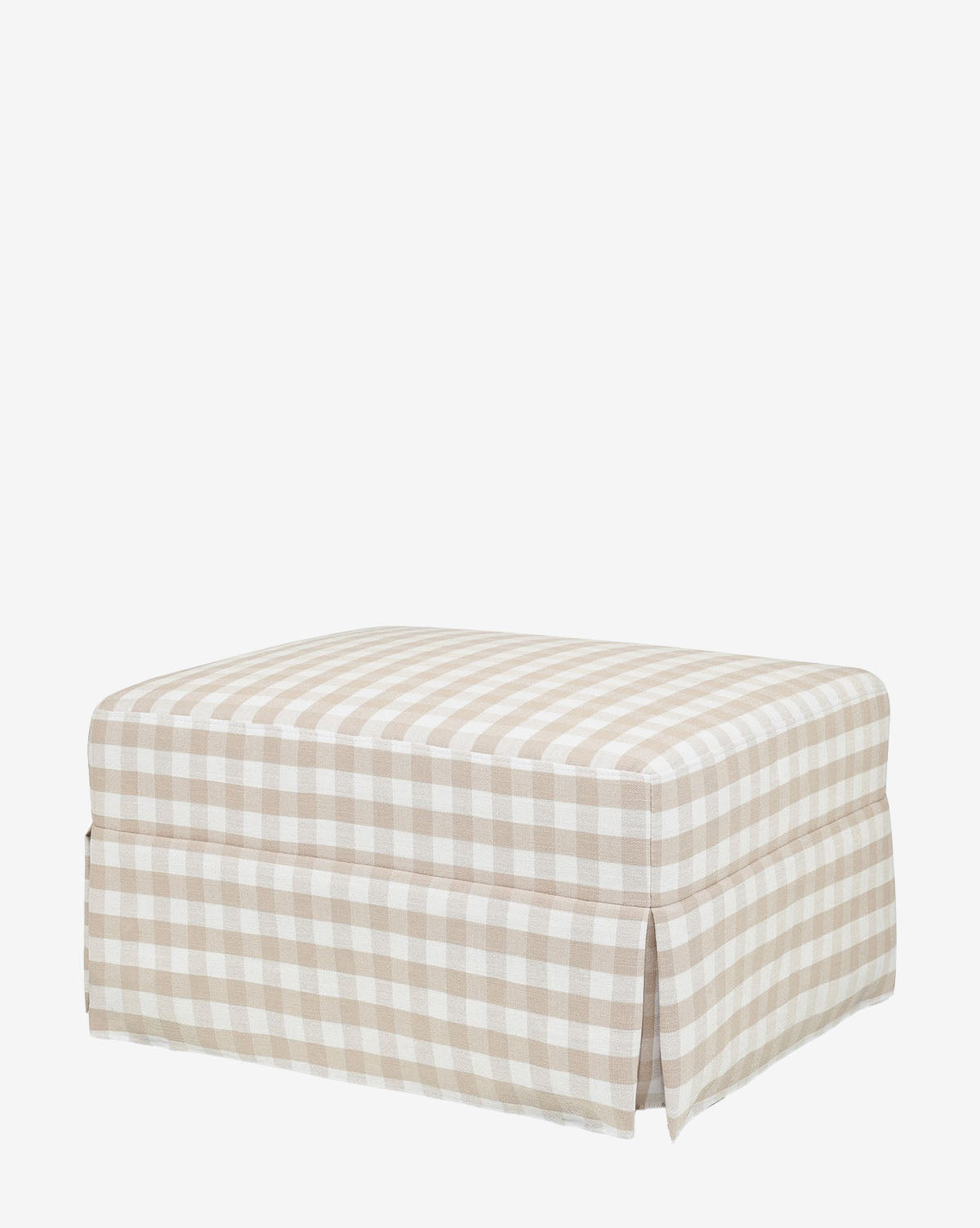 The Crawford Gliding Ottoman in Gingham by Million Dollar Baby features beige and white checkered upholstery with a tailored skirt, ideal for a nursery, shown against a plain white background. Vendixs