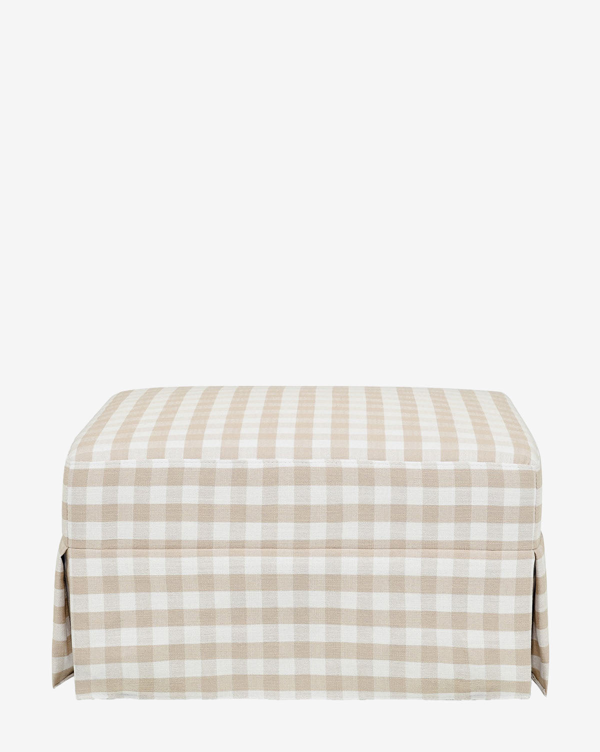 The Crawford Gliding Ottoman in Gingham by Million Dollar Baby features a rectangular design with beige and white checkered fabric and a tailored skirt, shown against a plain white background. Vendixs