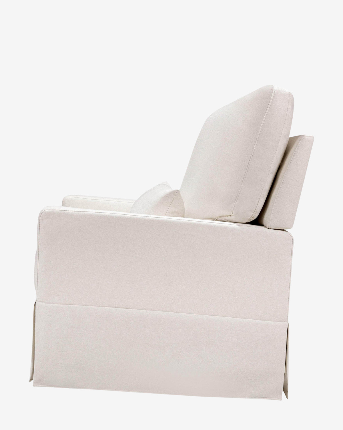 Side view of the Crawford Pillowback Chair and a Half, a modern upholstered swivel lounge chair in light beige fabric with thick seat, back, and arm cushions, shown against a plain white background, by Vendixs