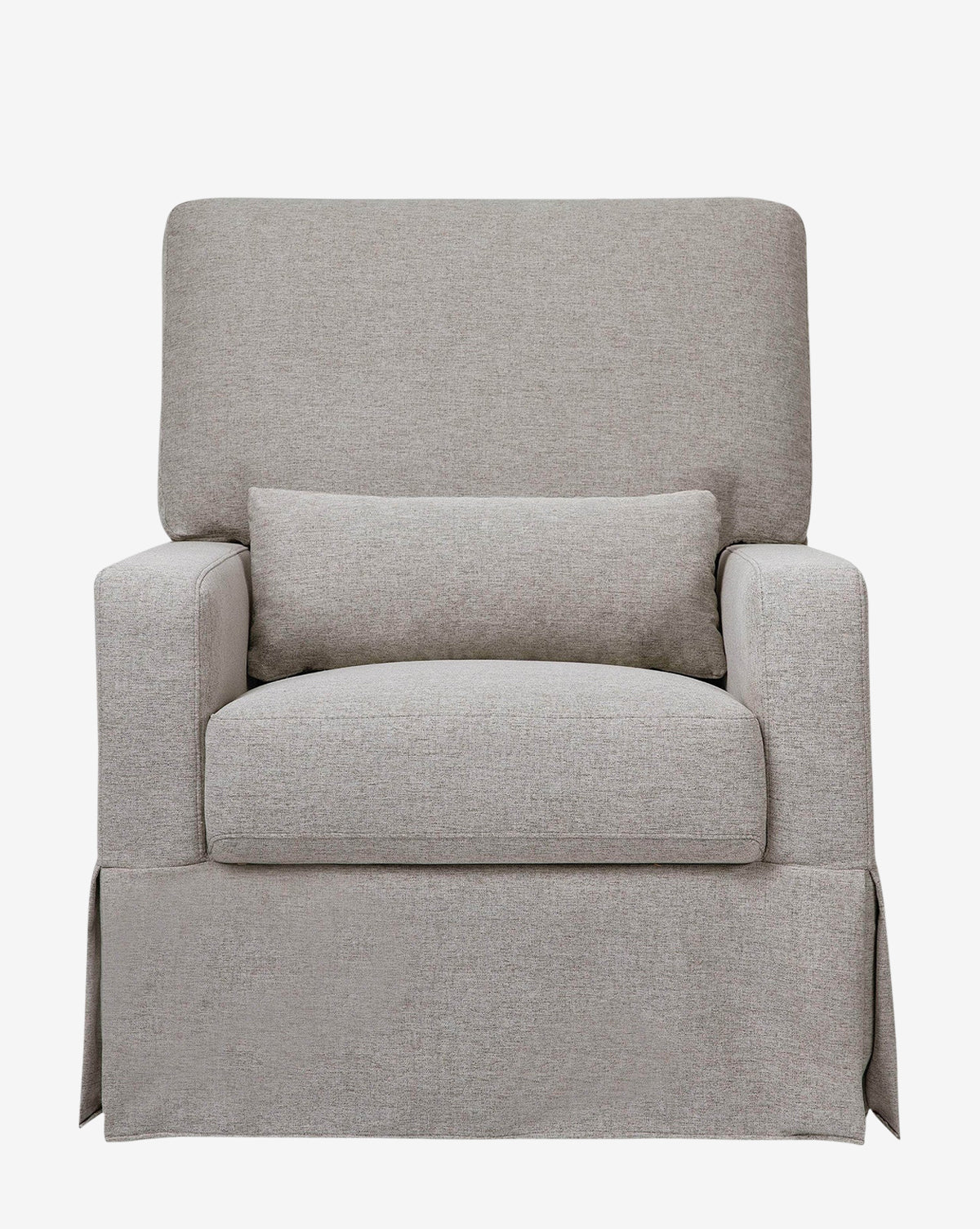 The Crawford Pillowback Comfort Swivel Glider is a light gray nursery chair with eco-performance upholstery, a rectangular back and seat cushion, matching lumbar pillow, and skirted base by Vendixs