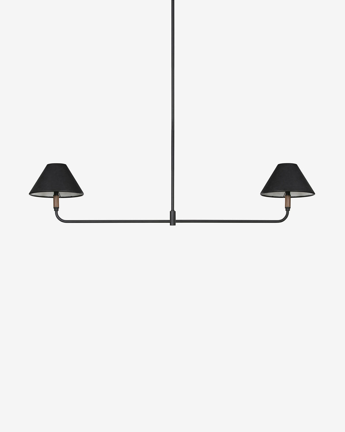 The Four Hands Cullen Linear Double Pendant features two minimalist black downward-facing lampshades on a horizontal bar, suspended from a slim central rod against a plain white background. Vendixs