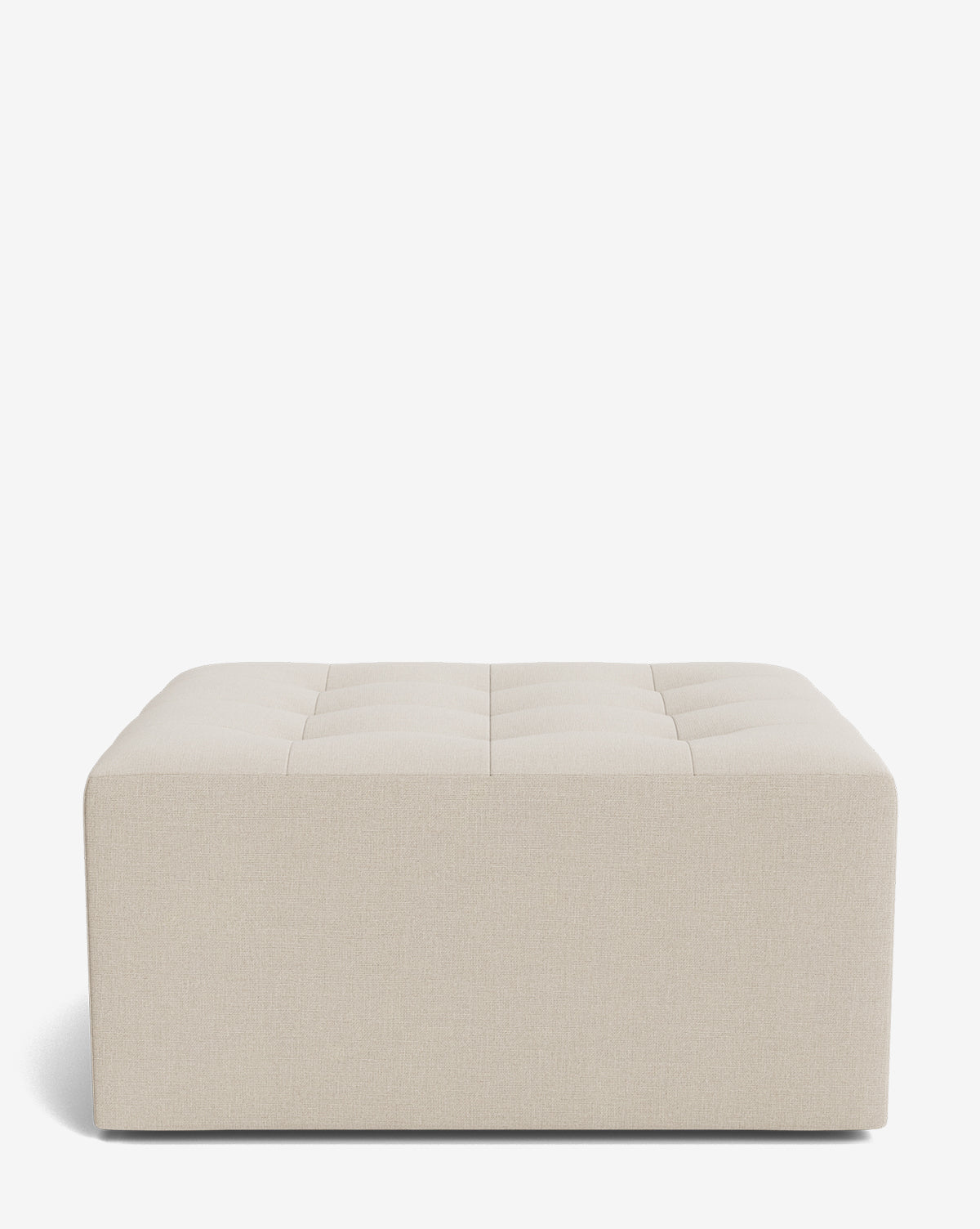 The Culpepper Ottoman by Rowe Fine Furniture, Inc. is a beige, square ottoman with a tufted top and smooth sides, made from designer fabric and shown against a plain white background. Vendixs