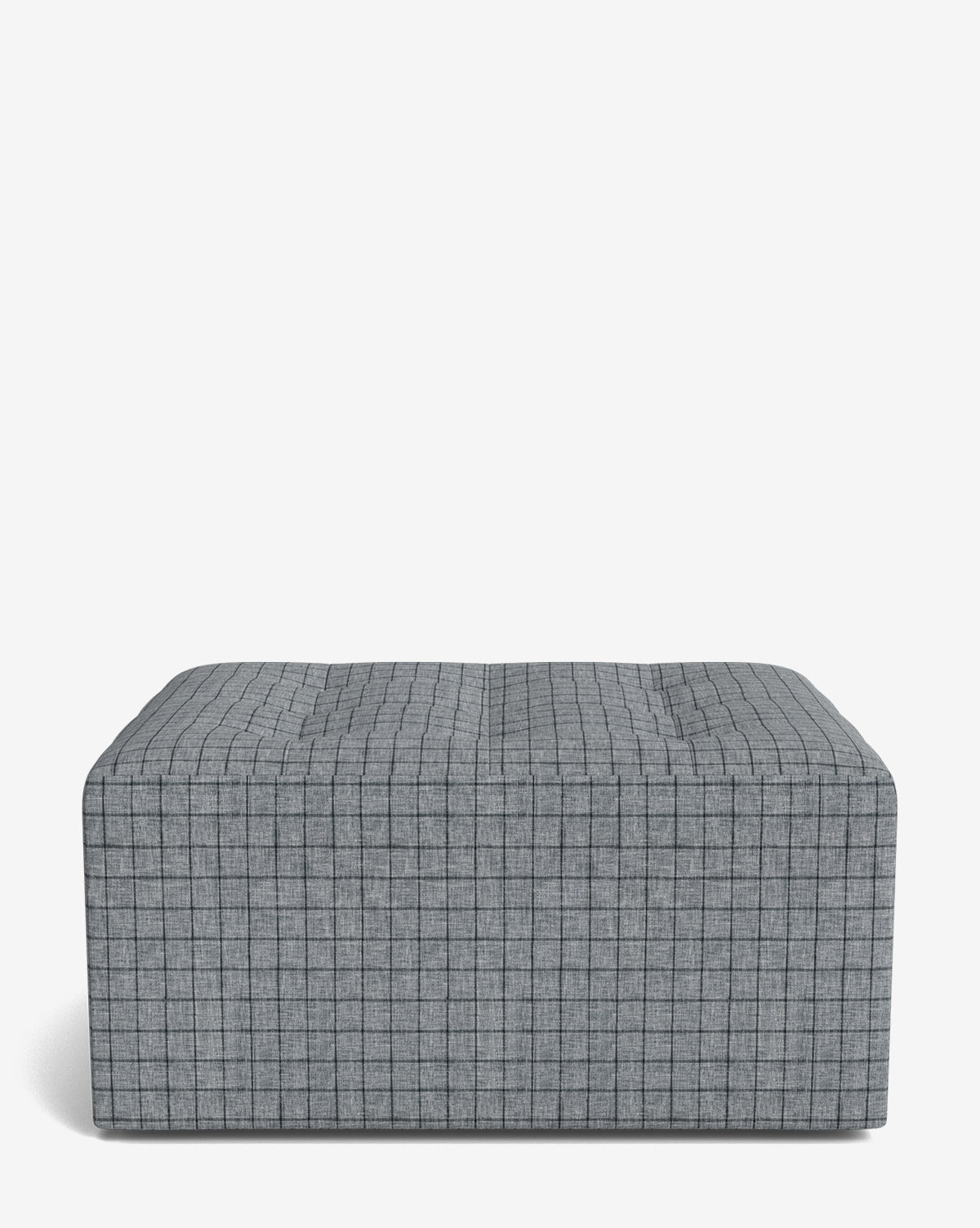 The Rowe Fine Furniture, Inc. Culpepper Ottoman is a handcrafted, rectangular ottoman upholstered in designer gray fabric with a subtle grid pattern, shown against a plain white background. Vendixs