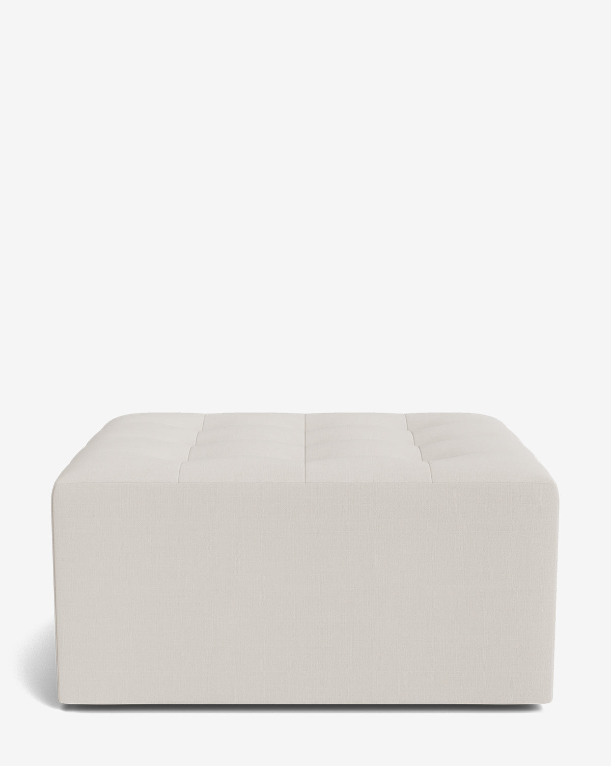 The Culpepper Ottoman by Rowe Fine Furniture, Inc. is a large, square ottoman in light beige with a tufted top and modern lines, expertly handcrafted from premium designer fabric and shown against a plain white background by Vendixs