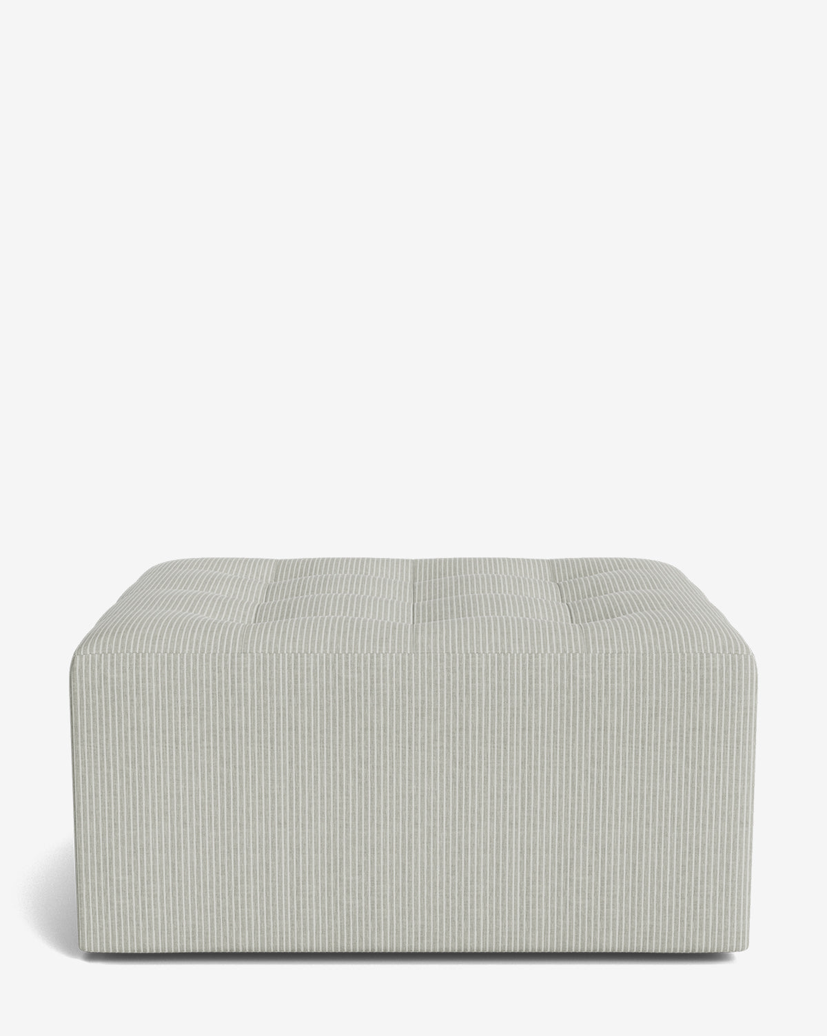 The Culpepper Ottoman by Rowe Fine Furniture, Inc. is a rectangular, light gray piece with subtle vertical stripes and a tufted top, expertly handcrafted from designer fabric and shown on a plain white background, Vendixs