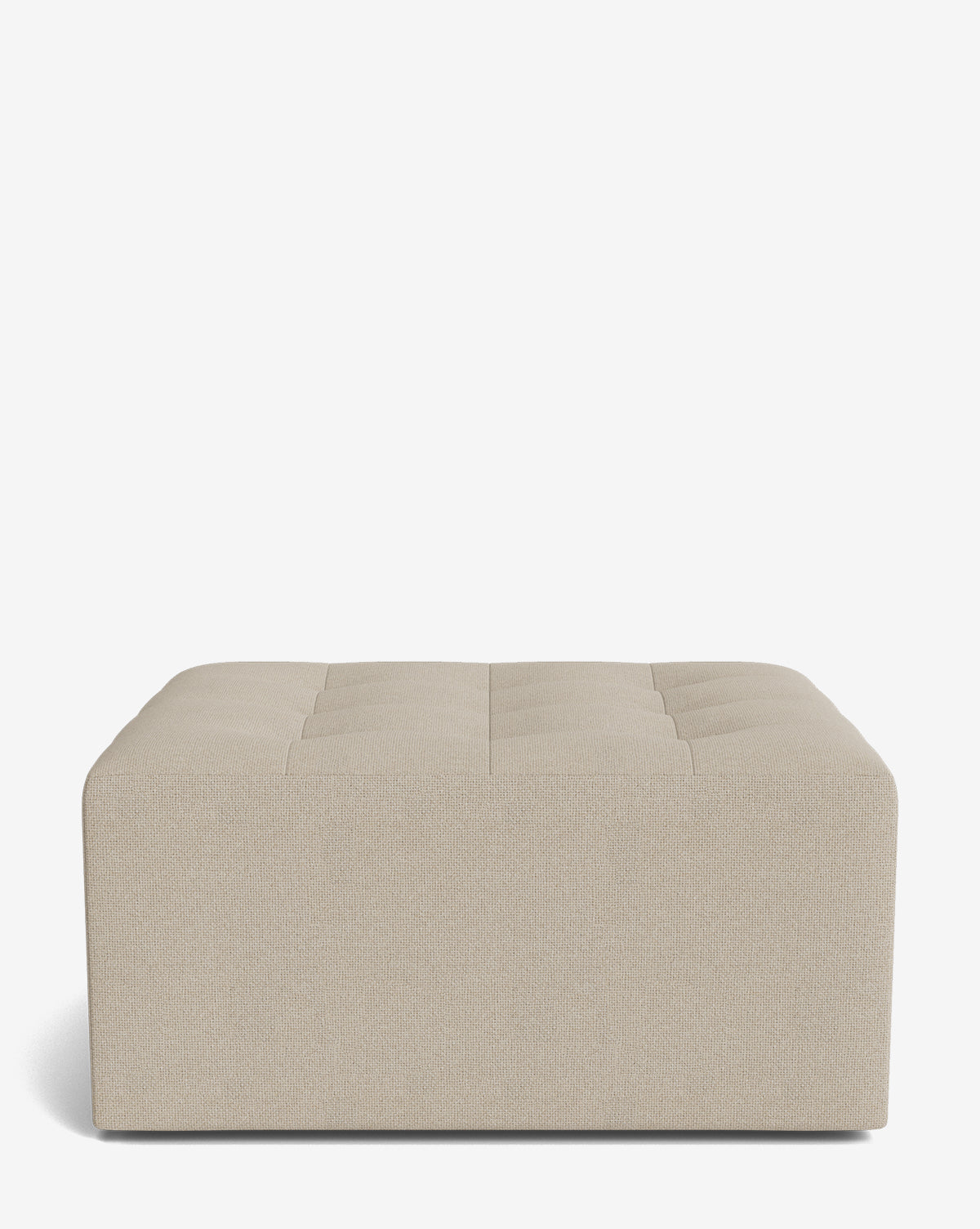 The Culpepper Ottoman by Rowe Fine Furniture, Inc. is a beige, rectangular tufted piece handcrafted with designer fabric in a simple modern design, shown against a plain white background. Vendixs