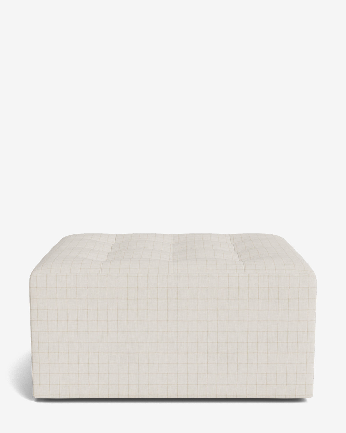The Culpepper Ottoman by Rowe Fine Furniture, Inc. is rectangular, beige, handcrafted from designer fabric with a subtle grid pattern and tufted top, shown against a plain white background. Vendixs