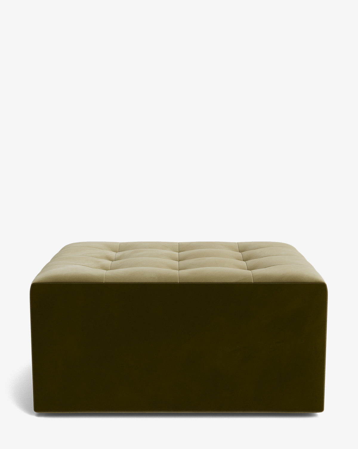 The Culpepper Ottoman by Rowe Fine Furniture, Inc. is rectangular, olive green, made with smooth designer fabric and a tufted finish, displayed against a plain white background. Vendixs