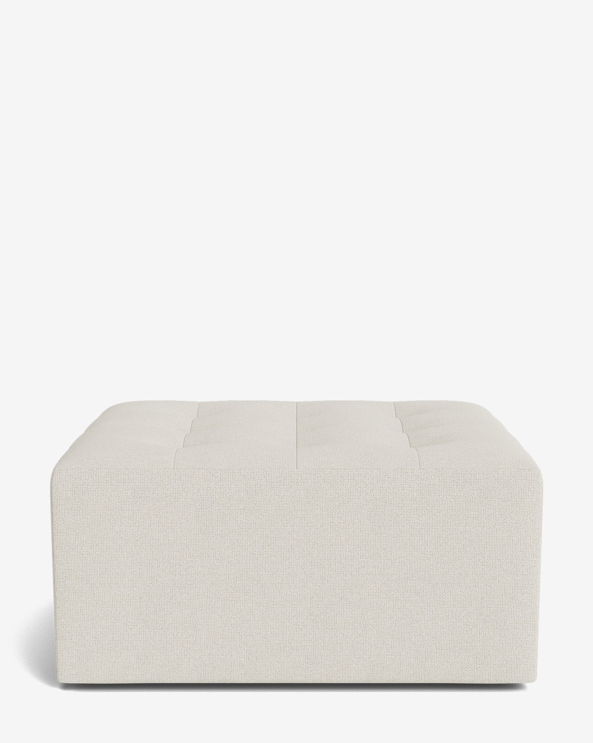 The Culpepper Ottoman by Rowe Fine Furniture, Inc. is a rectangular, light beige designer fabric piece with smooth upholstery and subtle tufted detailing, displayed against a plain white background. Vendixs