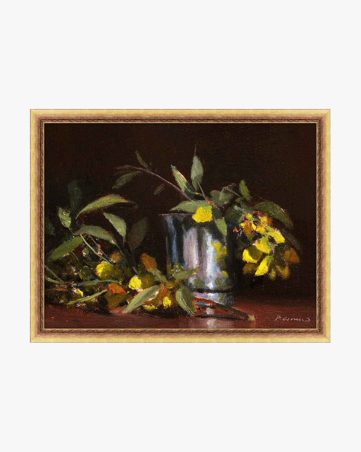 Cytise Blossoms is a giclee print featuring yellow flowers and green leaves around a reflective silver cup on a dark background, elegantly presented in a classic gold wood frame, by Vendixs