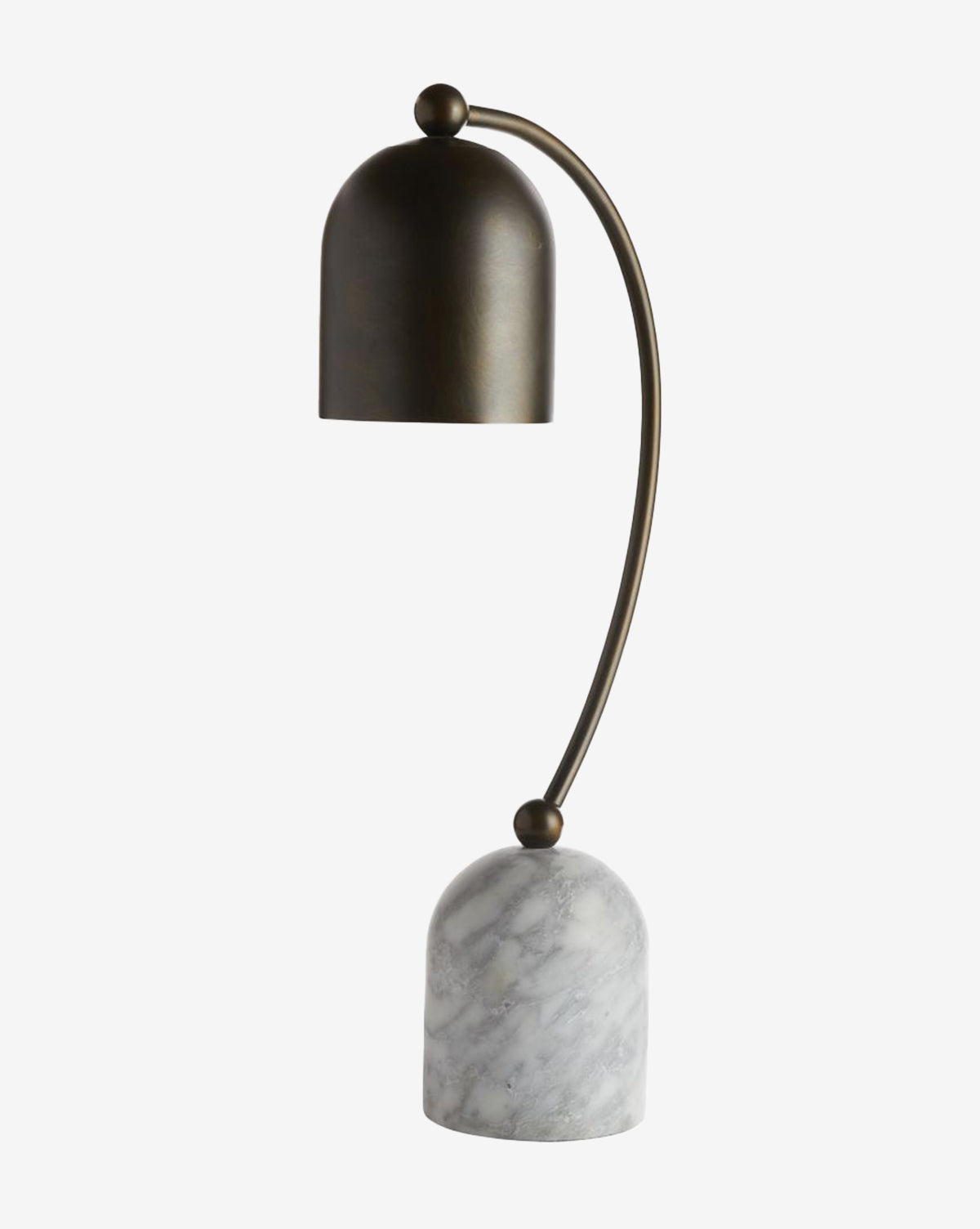 The Daley Desk Lamp showcases a curved brass arm, bronze-finished shade, and rounded gray marble base, displayed on a plain white background by Vendixs
