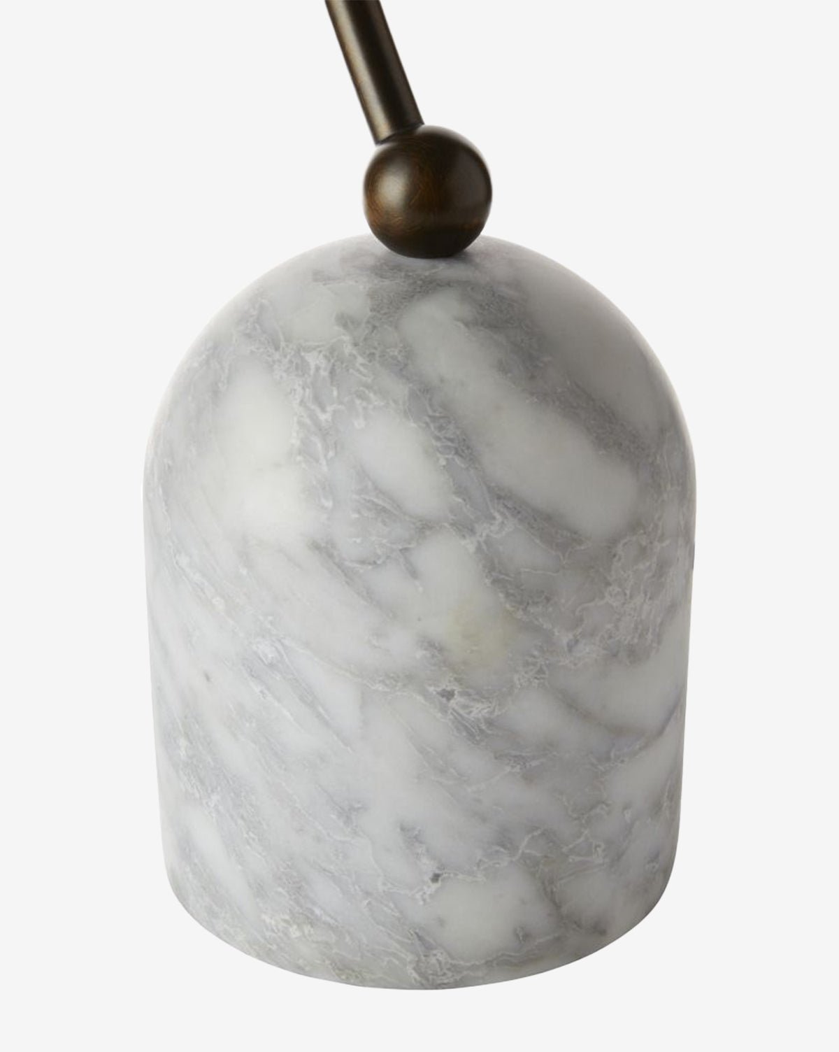 The Daley Desk Lamp features a smooth, dome-shaped shade, a gray and white marbled stone base, and is accented with a dark wooden sphere and an upward-extending rod, by Vendixs