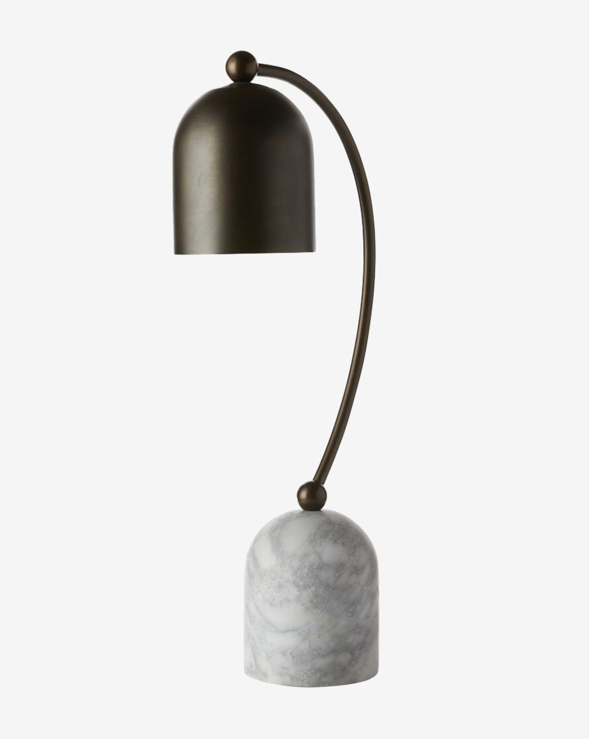 The Arteriors Daley Desk Lamp has a curved bronze arm, a bronze-finished shade, and a rounded gray marble base, shown on a plain white background, Vendixs