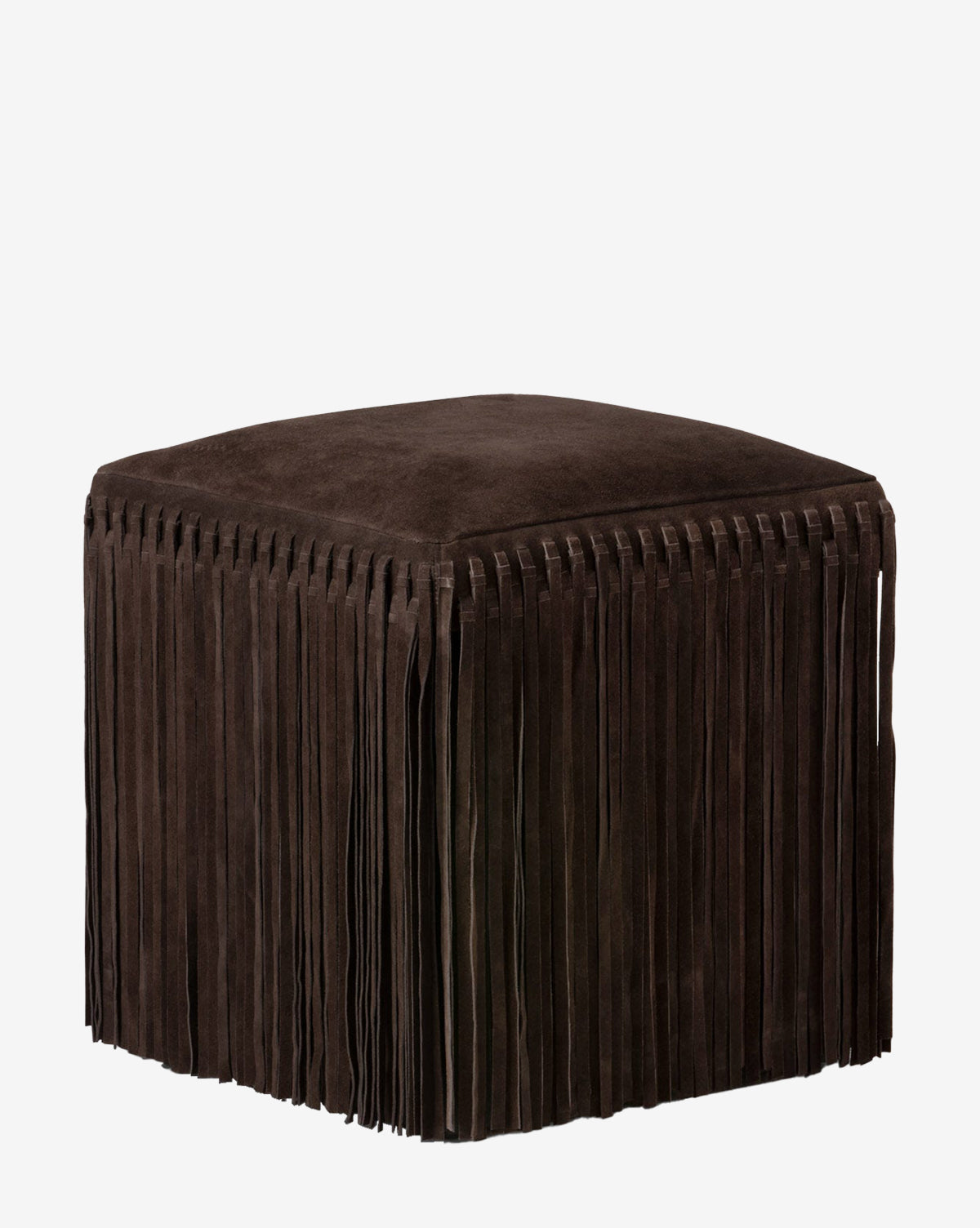 The Damian Ottoman by Made Goods is a brown, square suede ottoman in a rich camel hue with long fringe on all sides, shown against a plain white background. Vendixs
