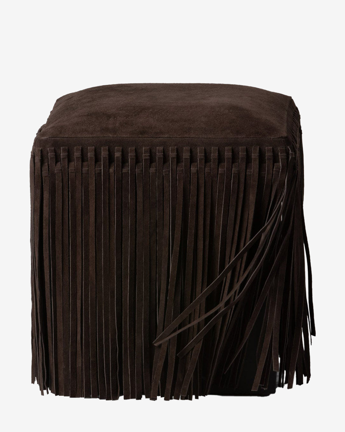 The Made Goods Damian Ottoman features a dark brown suede design with long vertical fringe on all sides, displayed against a plain white background. Vendixs