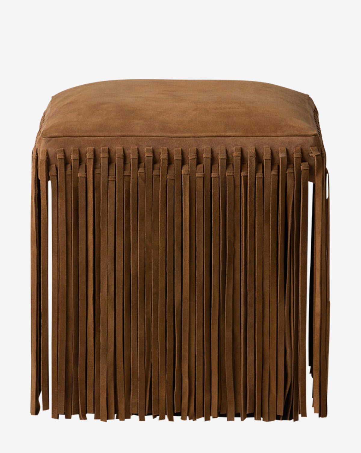 The Damian Ottoman by Made Goods is a square camel brown suede piece with long vertical fringe on the sides, shown against a plain white background, Vendixs