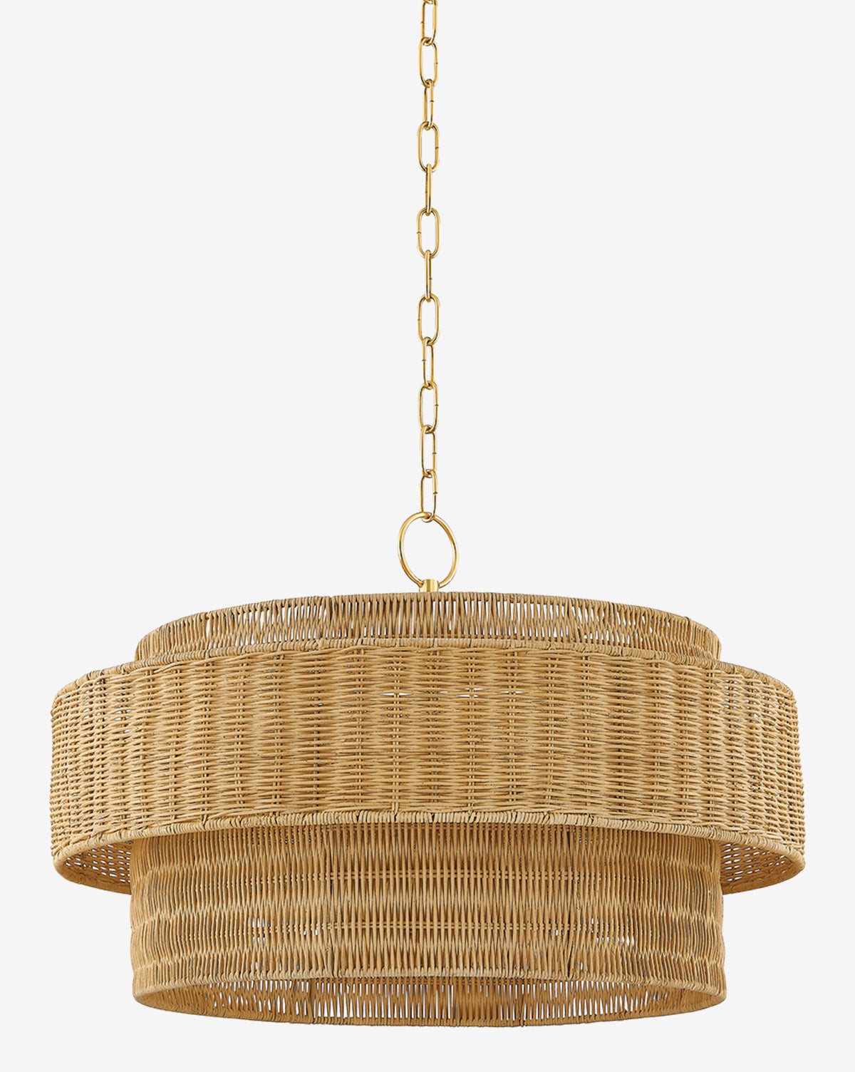 The Danica Wicker Pendant features a circular, woven rattan shade and gold chain suspension, showcasing organic design against a plain white background, by Vendixs