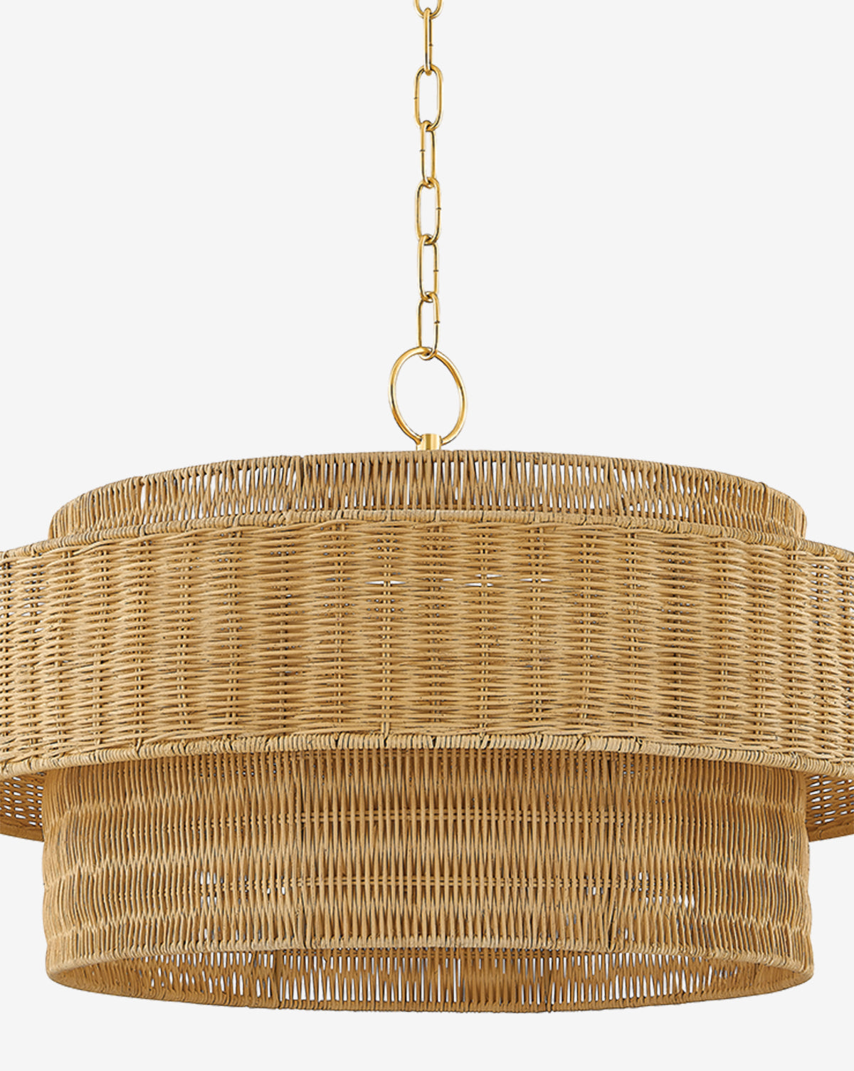 The Danica Wicker Pendant features a round, layered organic design with a woven rattan shade, suspended from a gold chain and shown against a white background, by Vendixs