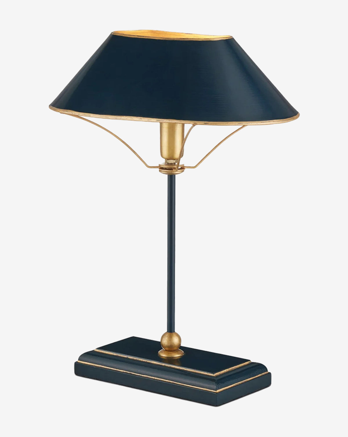 The Daphne Navy Table Lamp features a geometric navy blue and gold design with a rectangular base, slim stem, and wide angled lampshade accented with gold trim, by Vendixs