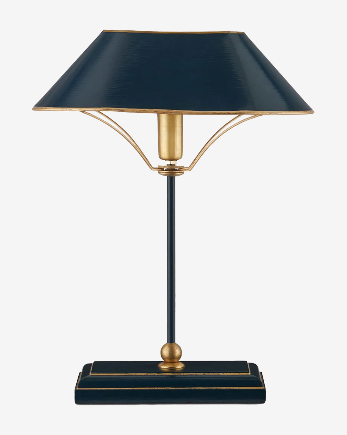 The Currey & Co. Daphne Navy Table Lamp features a geometric design with a wide, angled shade, slender stem, and rectangular base accented in gold by Vendixs