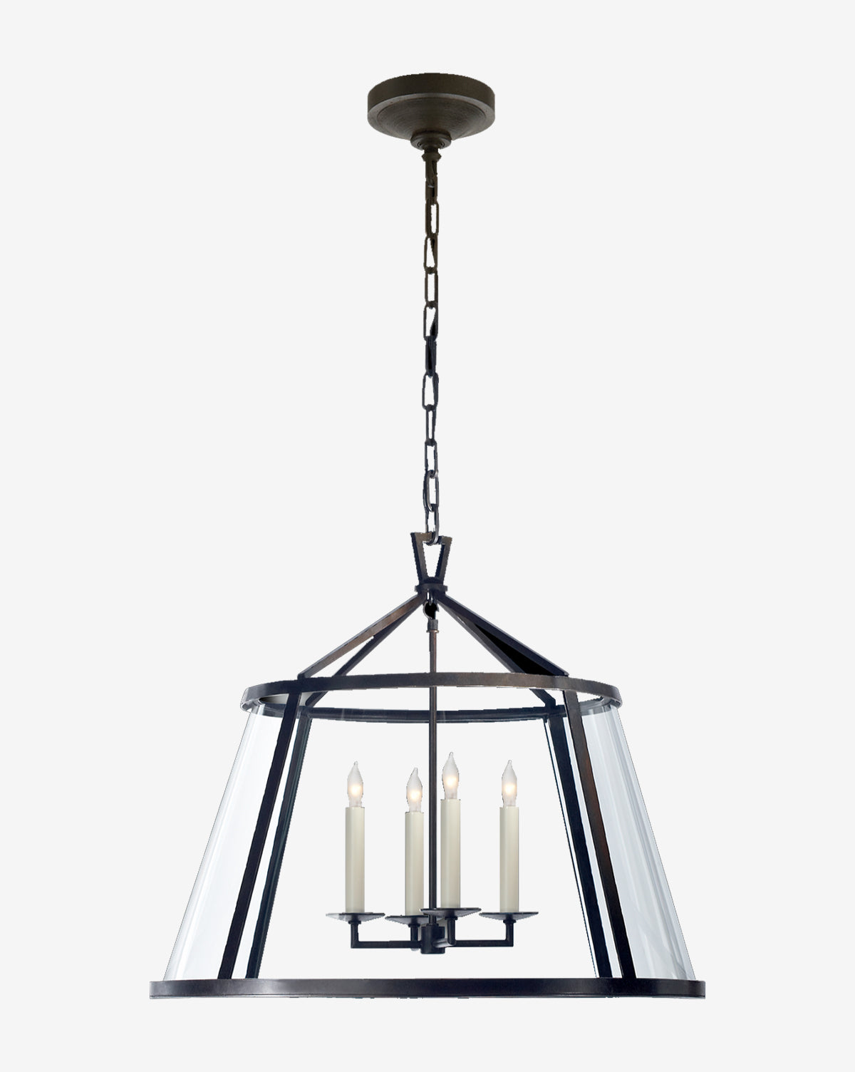 The Darlana 24 Pendant features a circular metal frame, clear glass panels, and four candle-style bulbs suspended from a chain—an elegant contemporary lantern inspired by the iconic Darlana design, by Vendixs
