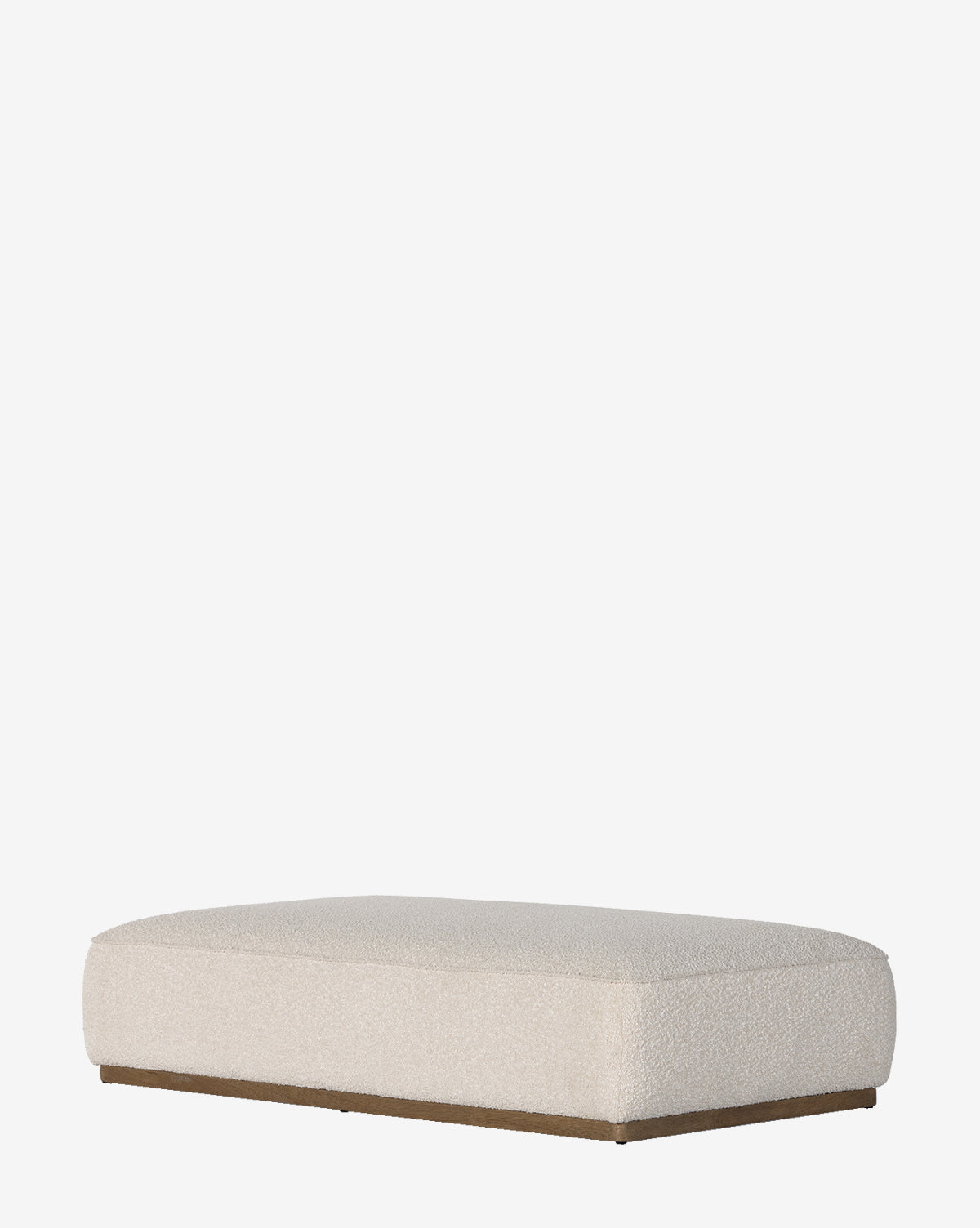 The Dawson Rectangular Ottoman by Four Hands features a textured beige performance fabric cushion and a sturdy parawood base, displayed against a plain white background. Vendixs