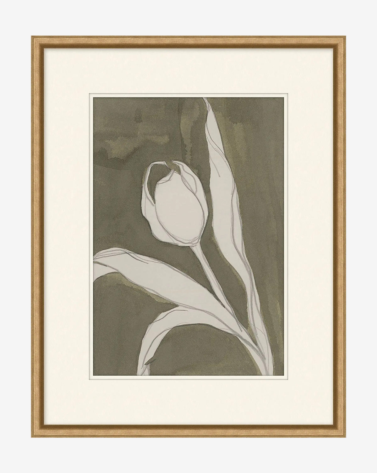 Delicate Tulip I by Rebekah Webb features a white tulip with long leaves in simple outlines on a muted greenish-brown background. This giclee print comes in a light wood frame with an off-white mat for a minimalist look, by Vendixs