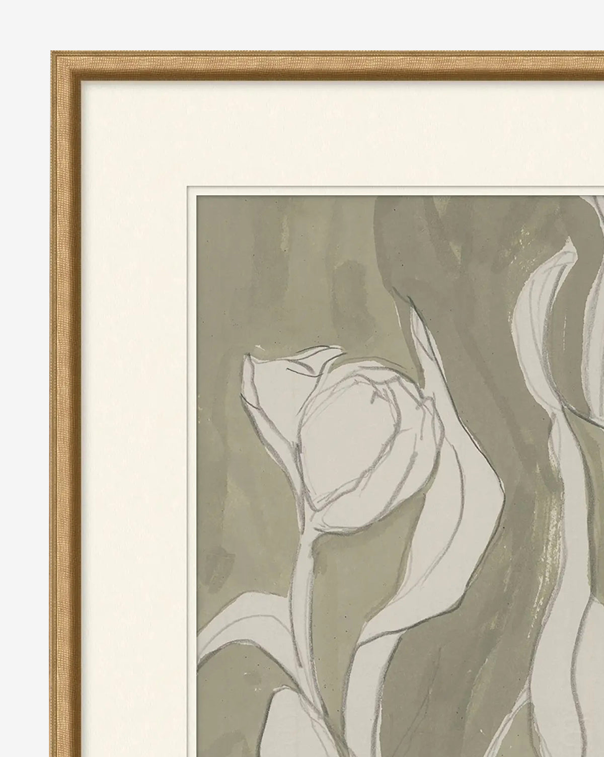 A close-up of Delicate Tulip II by Rebekah Webb, a framed giclee print featuring a minimalist tulip sketch in muted green and beige tones. The light brown wooden frame has a simple, classic design, by Vendixs