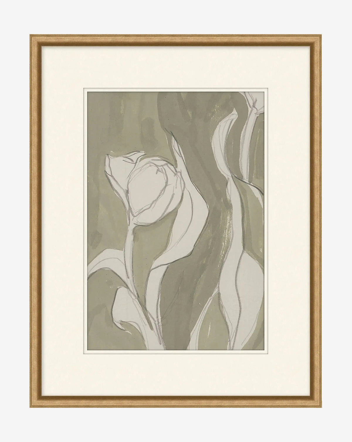 Delicate Tulip II by Rebekah Webb: abstract white tulip wall art with green and beige watercolor background, fine outlines, giclee print in a light brown wood frame and wide white mat, by Vendixs