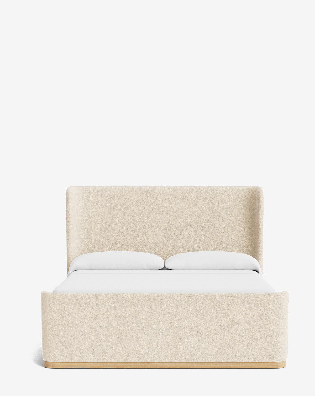 The Denning Upholstered Bed by Makerspalm is a modern, cream-colored bed with a tall headboard, matching footboard, solid wood frame, and luxe fabric. Shown dressed in white bedding and two pillows against a plain white background. Ready to ship—similar in style to offerings from Vendixs