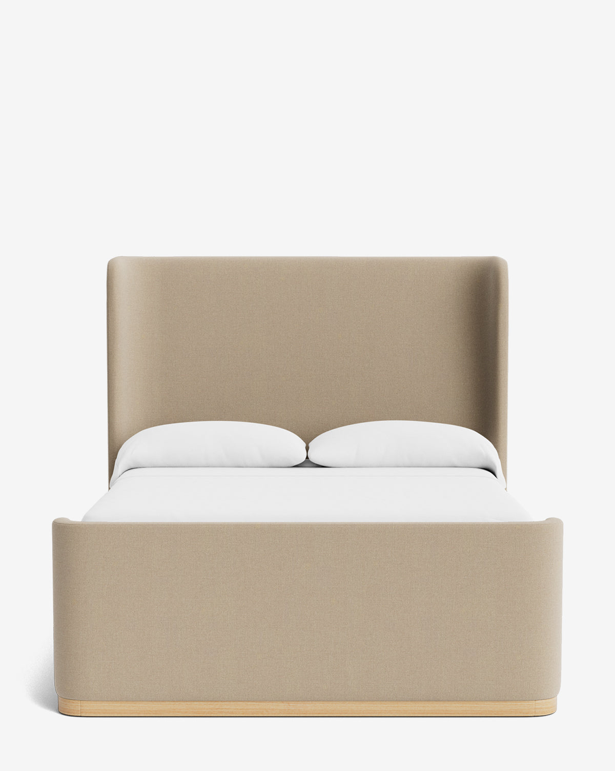 The Makerspalm Denning Oatmeal Linen Bed (Ready to Ship) features a solid wood frame, high headboard and footboard, with white pillows and neatly made white bedding, shown against a plain white background. Vendixs
