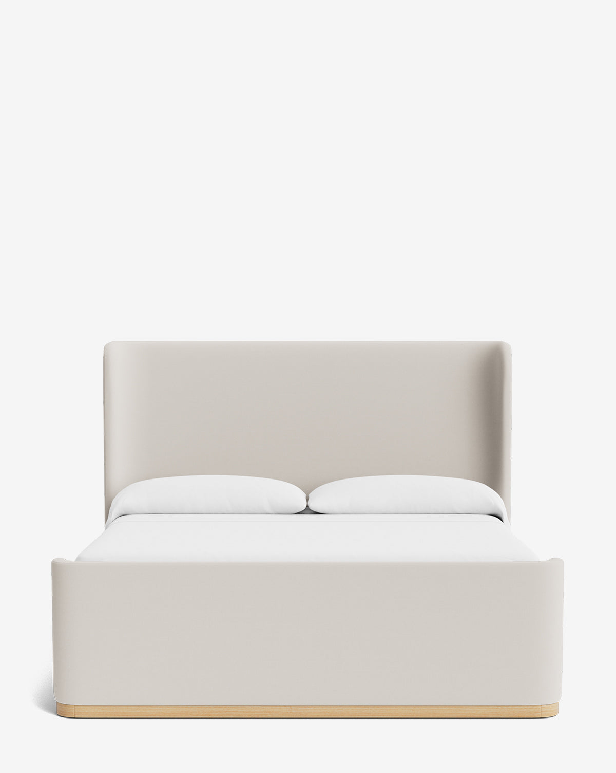 The Makerspalm test Denning Upholstered Bed features a high, padded beige headboard crafted from premium upholstery, with two white pillows, shown from the front against a plain white background. Vendixs