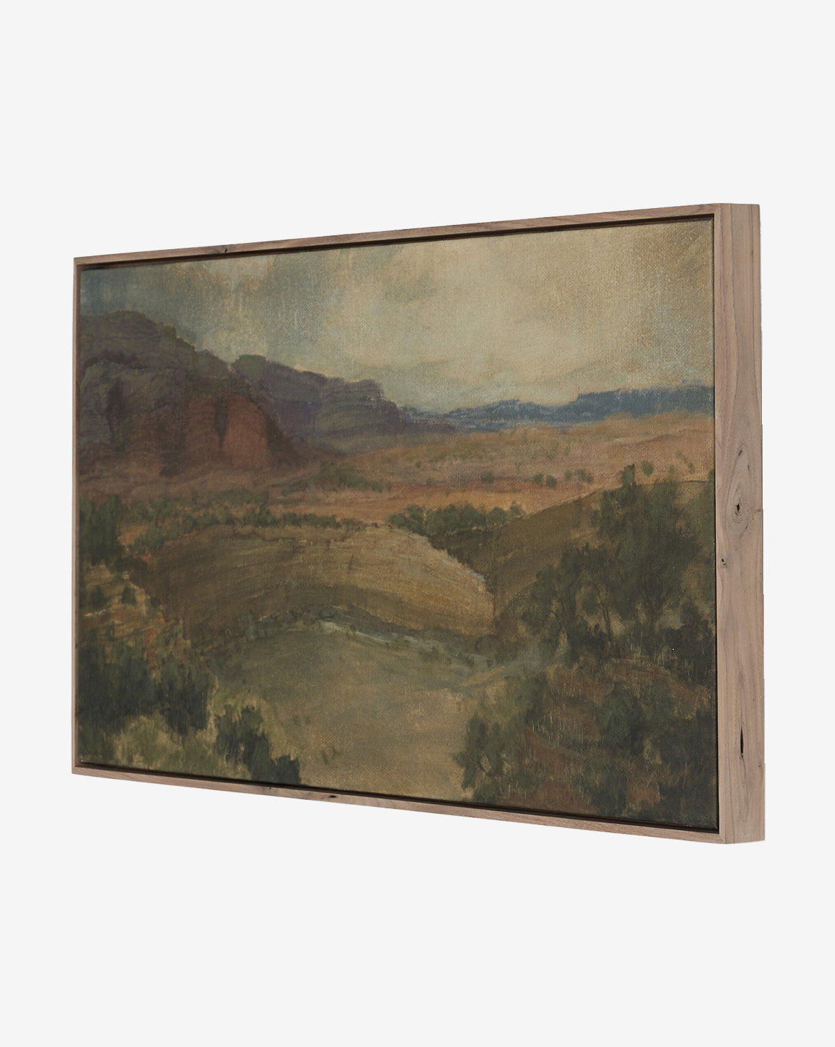 Desert Hues II by Aileen Fitzgerald is a framed art print featuring rolling hills, distant mountains, and scattered trees in earthy greens and blues, printed on fine art paper and viewed against a white background, by Vendixs