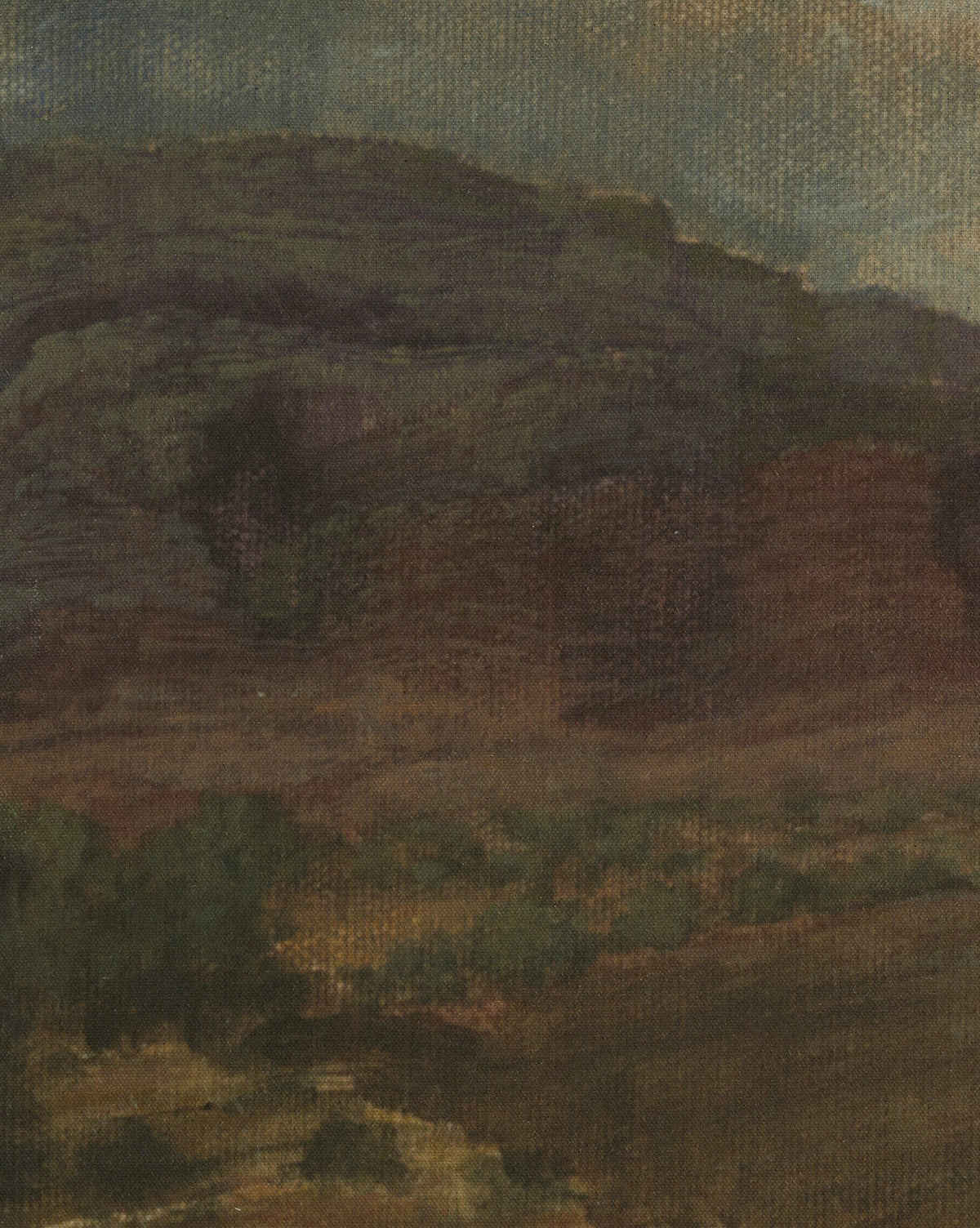 Desert Hues II by Aileen Fitzgerald showcases a rocky brown hillside with green patches beneath a cloudy sky, visible canvas texture, and an earthy, muted palette in this framed art piece, by Vendixs