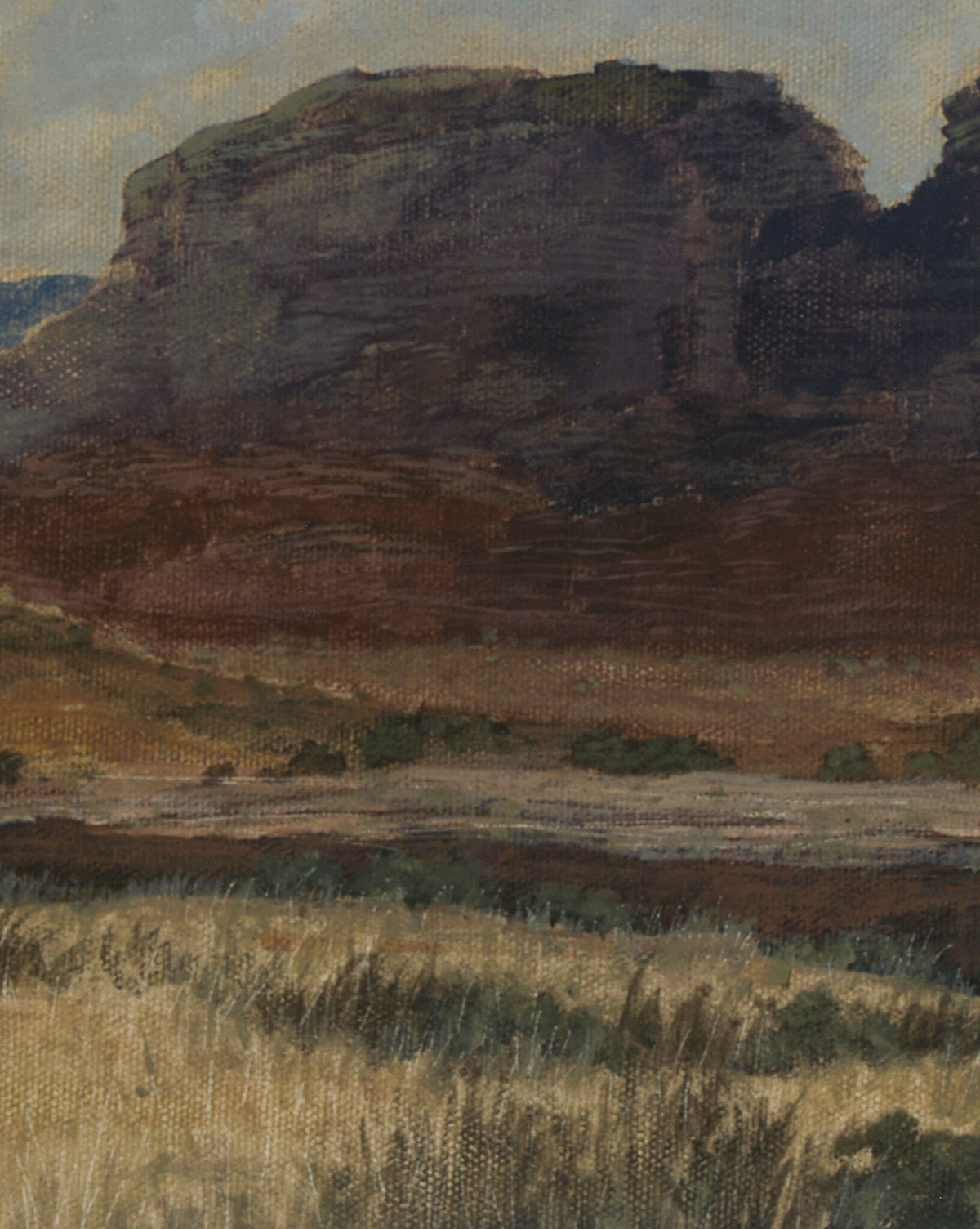 Desert Hues I by Aileen Fitzgerald is a landscape painting featuring a flat-topped mesa in brown and green, grassy plains, and shrubs under a partly cloudy sky. Printed on fine art paper; available framed in white oak, by Vendixs