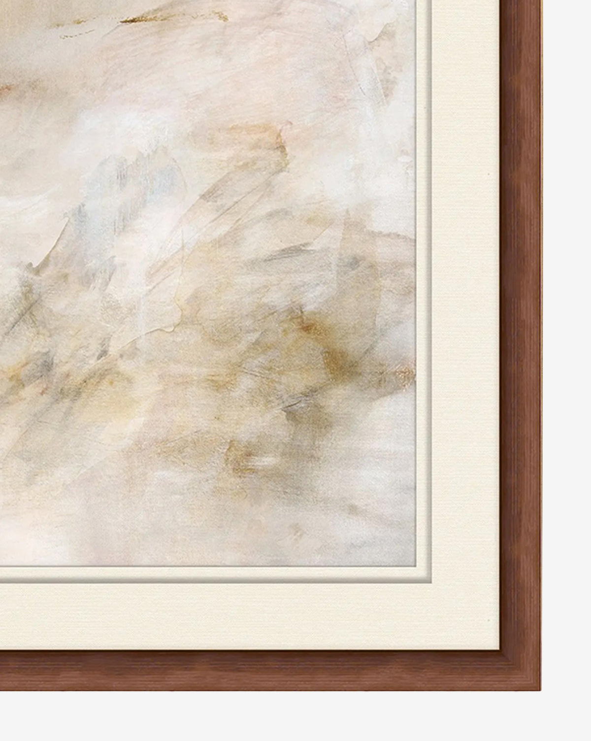 Desert Whispers 1 by Hope Bainbridge features abstract wall art in soft beige, cream, and light brown, framed with a white mat and wooden frame. Its blurred brushstrokes create a soothing, cloud-like effect for neutral decor in any space, by Vendixs