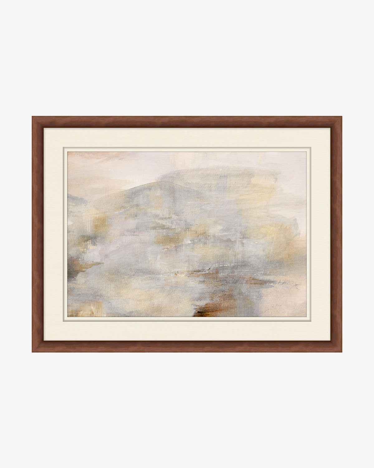 Desert Whispers 2 by Hope Bainbridge features abstract wall art in soft beige, gray, and light brown, set in a bronze frame with a cream mat. Gentle brushstrokes create a calming, misty landscape effect against a white background, by Vendixs