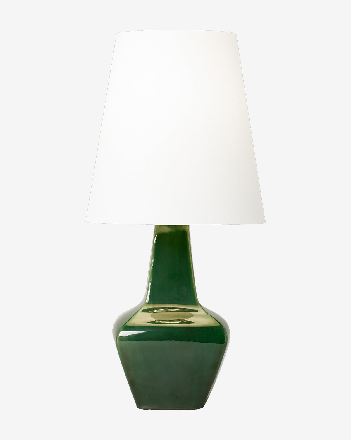 The Diogo Table Lamp by Visual Comfort Studio - Generation Lighting features a glossy dark green ceramic base with a large white tapered shade, offering a contemporary accent to any space. Vendixs