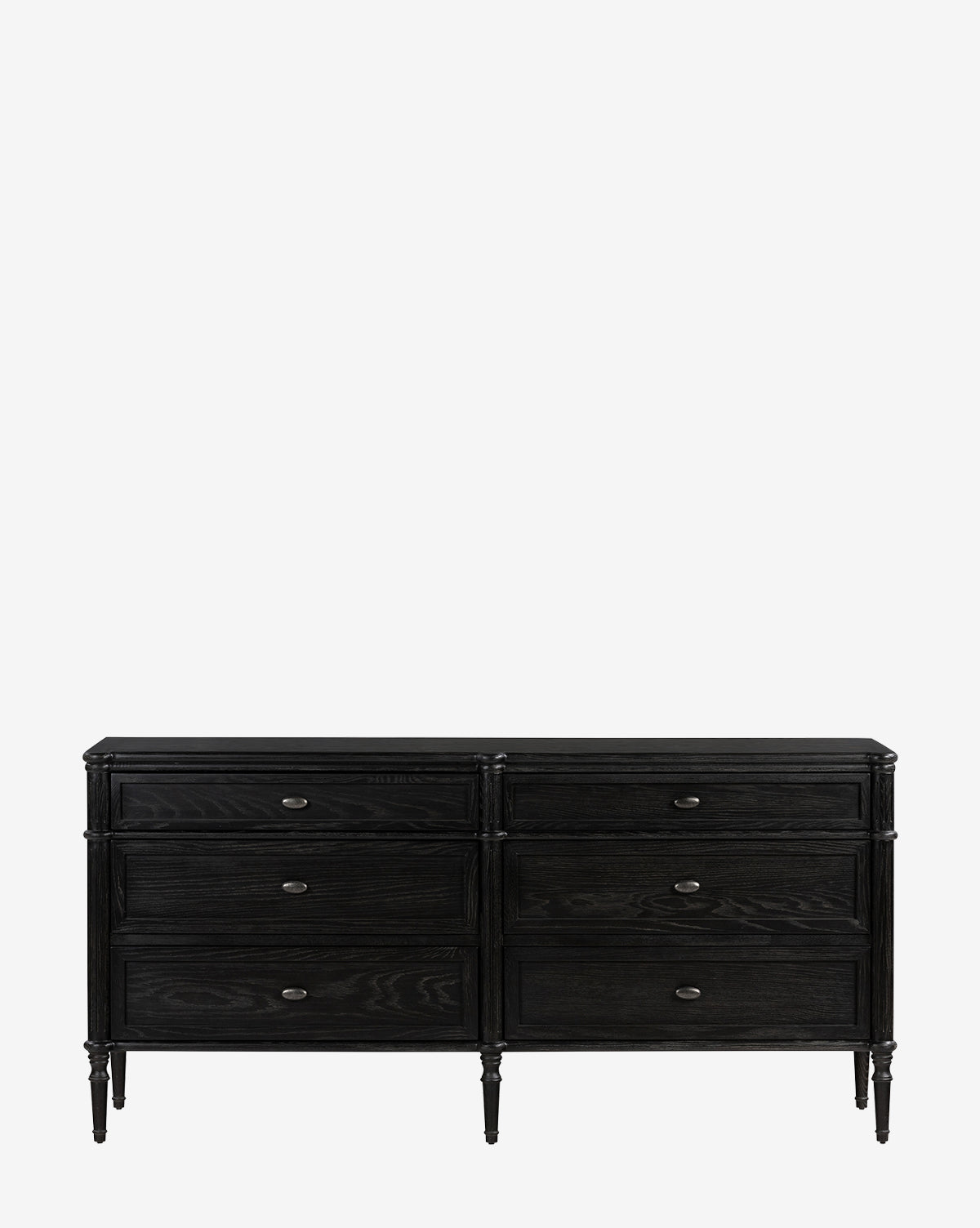 The Dixon 6-Drawer Dresser features a black wooden design with six drawers in two columns, each fitted with a round metal knob. Four slender, turned legs complete this elegant bedroom furniture piece, by McGee & Co.