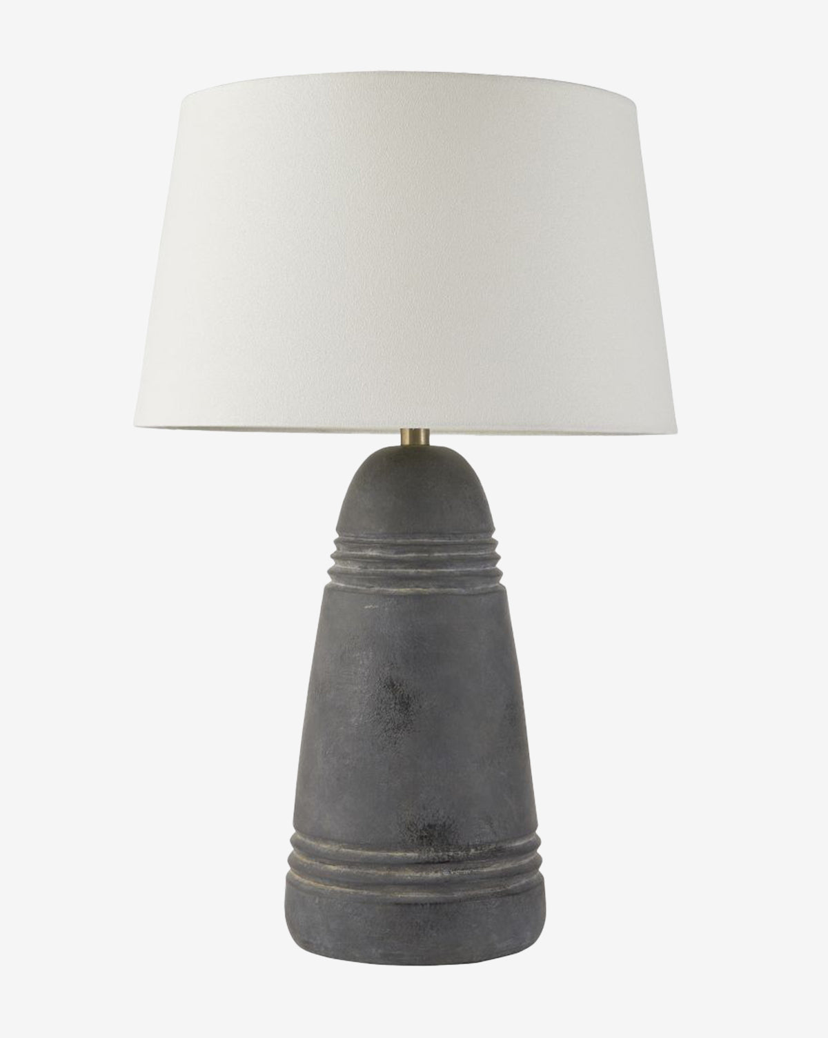 The Arteriors Django Table Lamp showcases a textured dark gray ceramic base with horizontal grooves and a wide white linen shade, bringing modern minimalist style and sophistication to any space, Vendixs