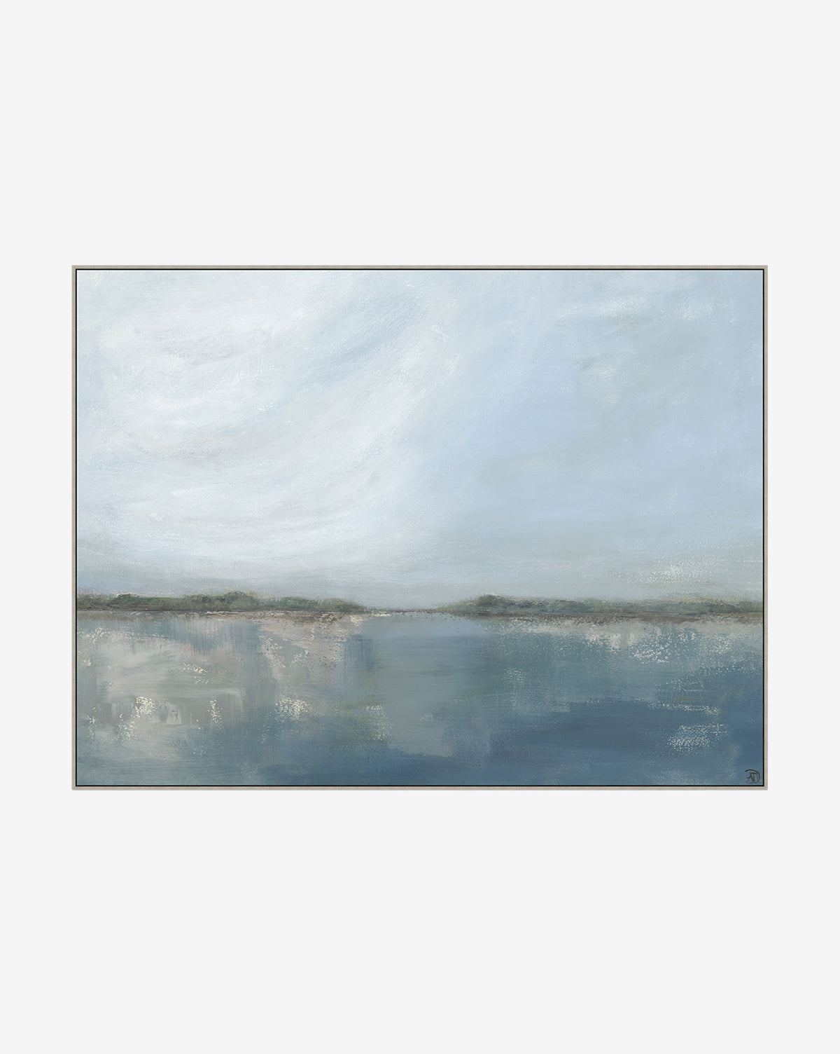 Dock View is an abstract painting featuring a calm blue lake, distant dark landforms, and a cloudy sky. Soft brushstrokes evoke serenity, capturing the tranquil essence of this peaceful waterside scene, by Vendixs