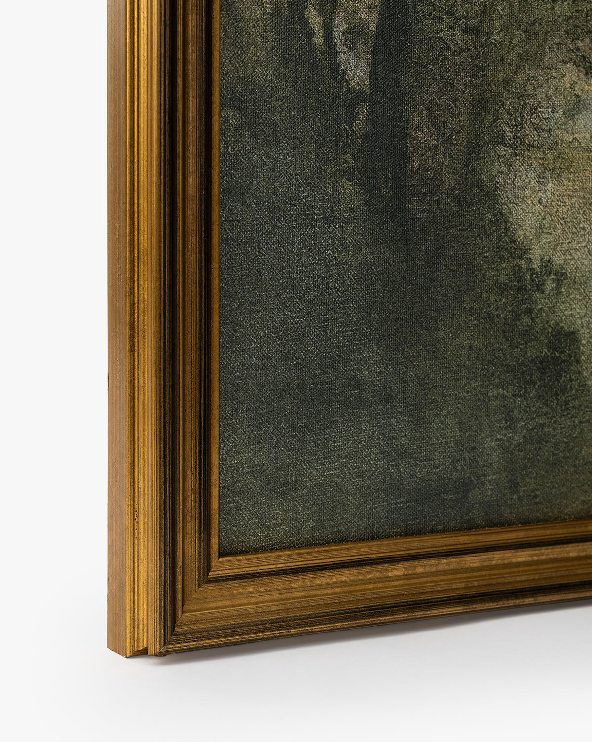 A close-up of the bottom left corner of Dream State shows its textured museum-quality canvas and a wooden gold-colored frame with beveled edges against a white background, by Vendixs
