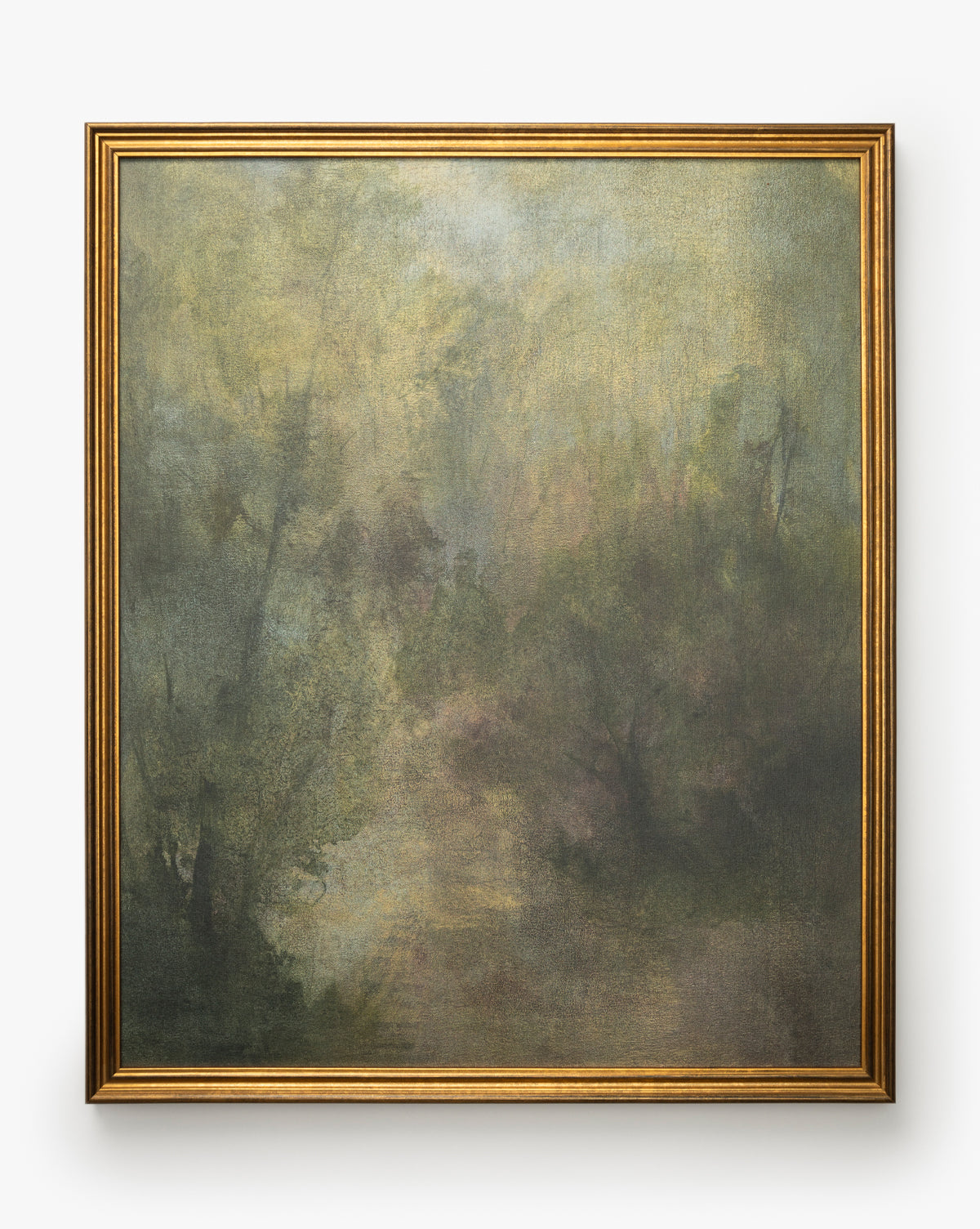 Dream State is a framed, expressive artwork featuring a foggy, impressionistic landscape in muted green, yellow, and brown tones. Blurred trees and foliage evoke a serene yet mysterious mood on museum-quality canvas, by Vendixs