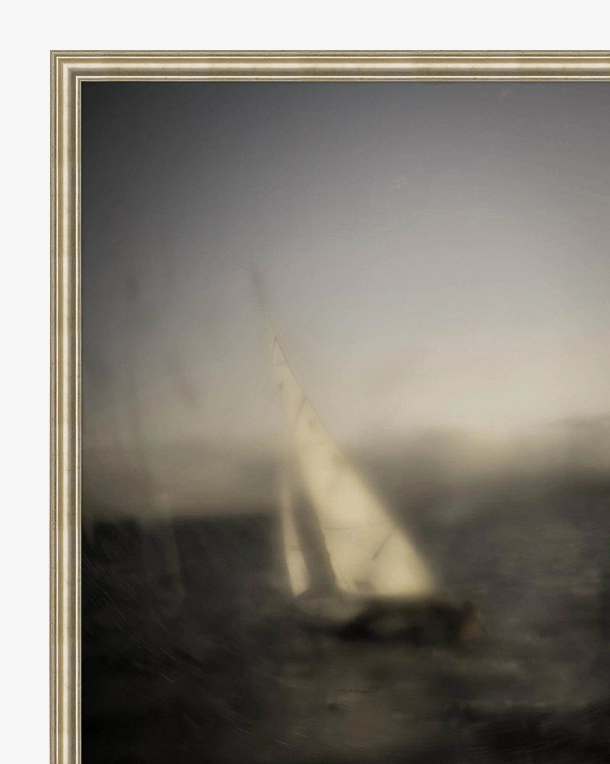 Drifting Sails by Susan Currie features a sailboat with a tall, white sail in a soft-focus, misty setting. This abstract wall art is elegantly accented by a light-colored border for a serene, sophisticated look, by Vendixs
