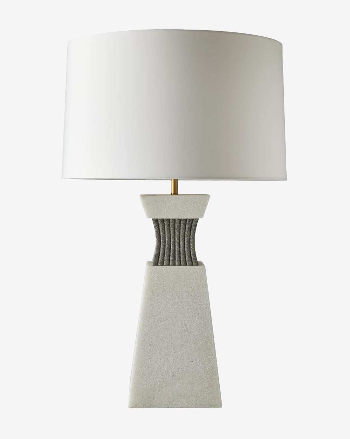 The Arteriors Dynasty Table Lamp showcases a wide white cylindrical shade and a sculptural geometric stone base, offering sophisticated lighting with modern style by Vendixs