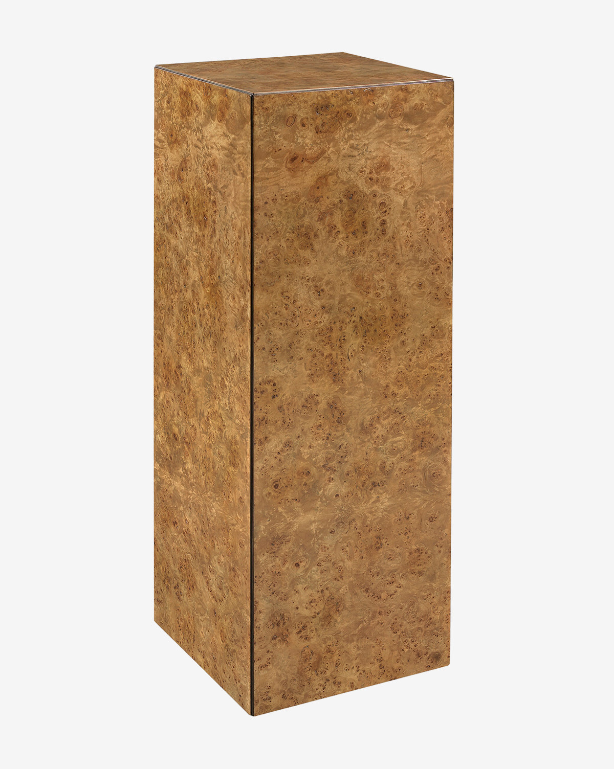 The Eamon Pedestal is a tall, rectangular stand handcrafted from Mappa burl with a shiny, mottled brown wood grain. Its naturally textured finish adds elegance, making it a striking plant stand that stands alone against a white background by McGee & Co.
