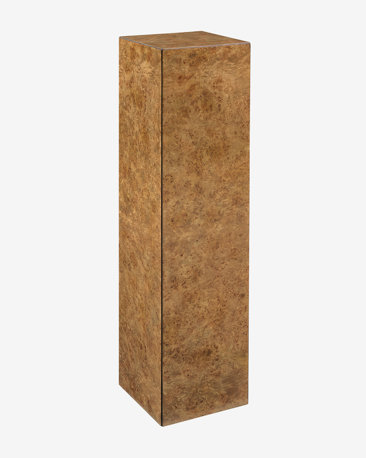 The Eamon Pedestal is a tall, rectangular accent piece with a smooth brown Mappa burl woodgrain finish, serving as striking decorative furniture and shown against a plain white background, by Vendixs