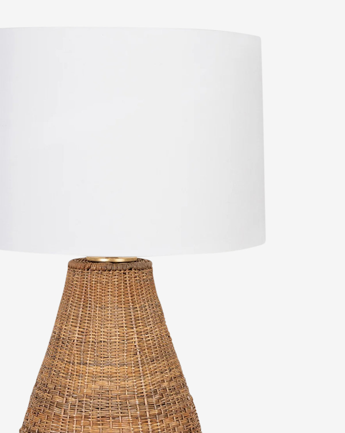 The Eastbridge Abaca Table Lamp features a woven rattan base and a large, plain white linen shade, displayed against a white background, by Vendixs